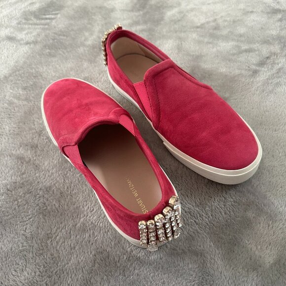 Stuart Weitzman Harlow Raspberry Pink Jewel Tassel Slip On Shoes 7.5 Loafers - Picture 1 of 8